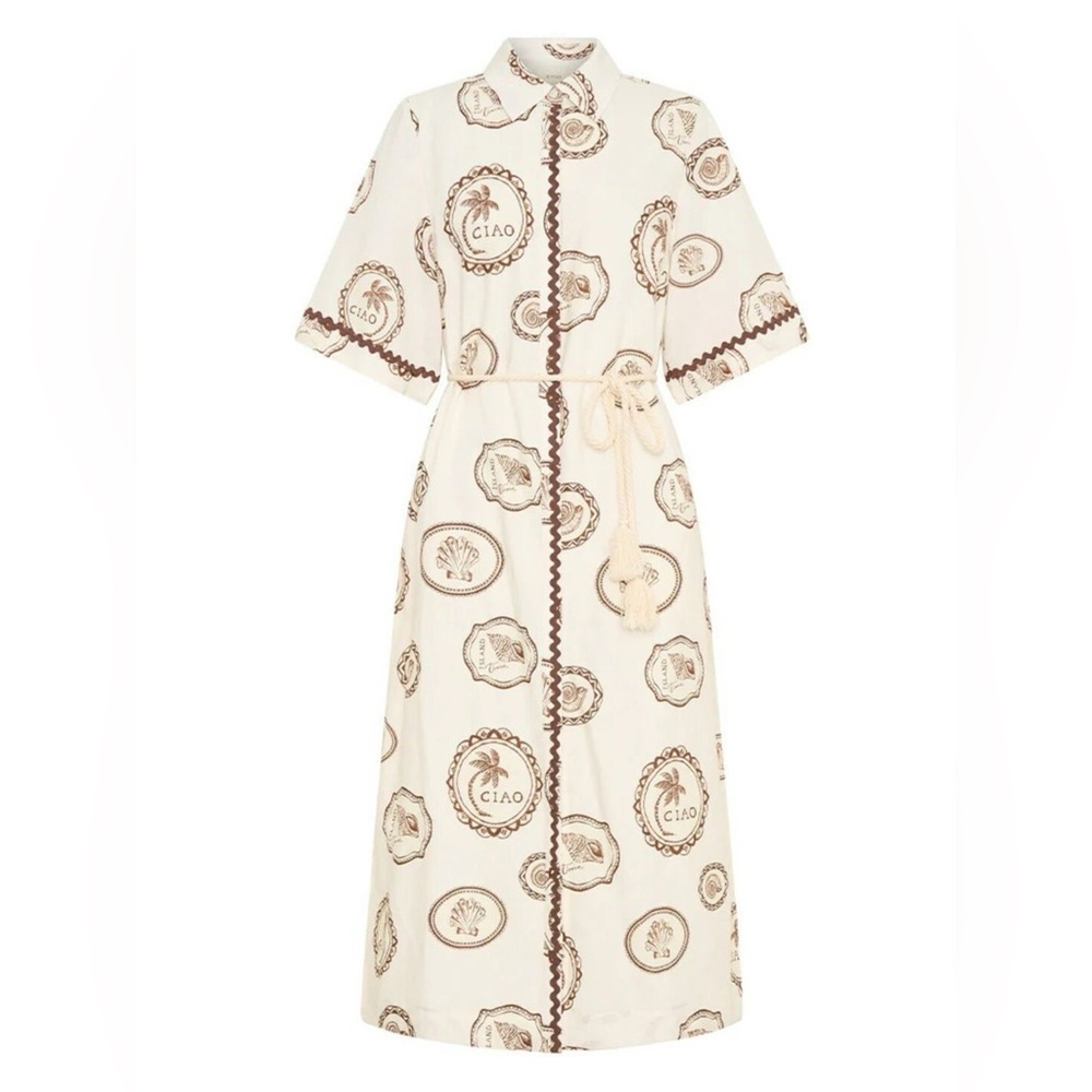 NWT Island Postcard Print Button-Down Midi Shirt Dress Belted, Boho Summer S-2XL - Picture 7 of 8